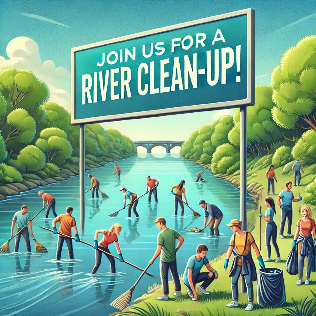 Animated graphic showing people cleaning up a river.