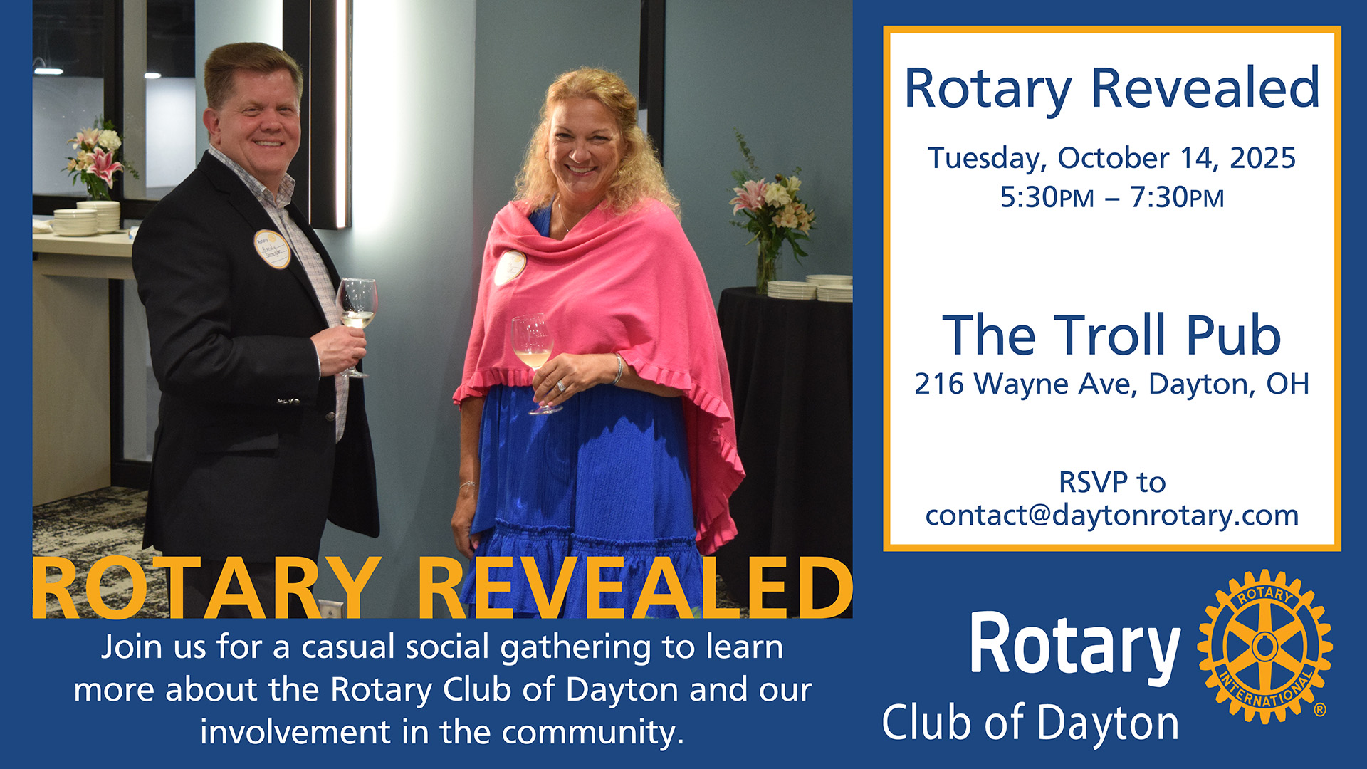Rotary Revealed invitation - October 14, 2025, 5:30-7:30pm. Troll Pub at the Wheelhouse, 216 Wayne Avenue, Dayton. RSVP to contact@daytonrotary.com